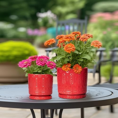Eightpot Ceramic Plant Pots, 8 Inch Plant Pots Indoor Outdoor, Round Flower Pot with Drainage Hole and Sacuer, Boho Pot for Plants, Decorative Planter, Home Room Bathroom Decor, Garden Gifts, Red - Image 4