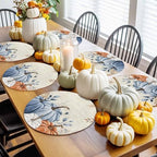 Fall Round Placemats Set of 4 Thanksgiving Blue Pumpkin Place Mats Washable Woven Placemat Autumn Eucalyptus Leaves Circle Braided Table Mat for Kitchen Dining Table Holiday Party Fall Decor 15 Inch - Image 4