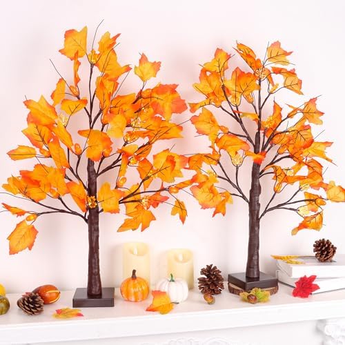2 Pack 24 Inch Lighted Maple Trees with 48 LEDs & Timer, Fall Decorations for Home, Battery Operated Artificial Autumn Tabletop Tree with Acorns Maple, Indoor Fall Decor Thanksgiving Table Centerpiece - Image 5
