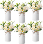Domensi 6 Sets Wedding Centerpiece for Table Decoration Artificial Fake Rose Flowers with Metal Vase, Faux Silk Rose Bouquet Floral Arrangements for Bridal Shower Home Dining Party (White) by Domensi