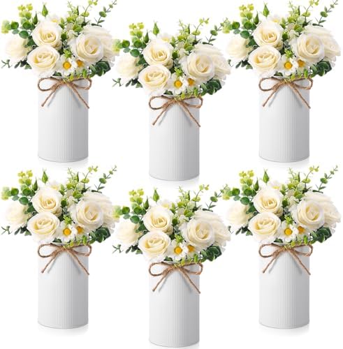 Domensi 6 Sets Wedding Centerpiece for Table Decoration Artificial Fake Rose Flowers with Metal Vase, Faux Silk Rose Bouquet Floral Arrangements for Bridal Shower Home Dining Party (White) by Domensi