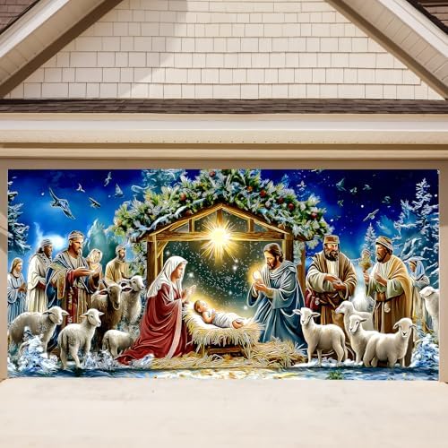 13x6Ft Religious Garage Door Banner - Nativity Scene with Holy Family, Shepherds and Animals in Stable Large Hanging Covers, Outdoor Inspirational Holiday Decor - Image 2