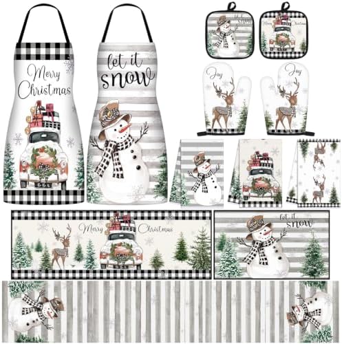 Bonuci 12 Pcs Christmas Kitchen Set Apron Table Runner Towel,Rustic Style by Bonuci