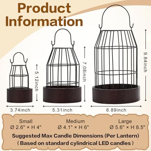 Rustic Farmhouse Lantern Decoration Set of 3, Modern Decorative Lanterns Indoor Outdoor, Metal Candle Holders for Porch Patio Fireplace Mantle Dining Room Table(Dark Brown, Black) - Image 5