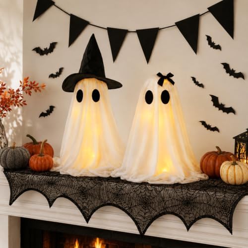 Halloween Decor Set: 2 Light Up Ghosts, Cobweb Scarf & 28 Pcs Bat Stickers - Image 7