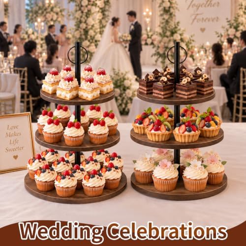Cupcake Stand, 3 Tier Wood Cake Stands Rustic Cupcake Tower, Round Tiered Tray Stand for Dessert Table Display, Industrial Wooden Serving Stand Wedding, Graduation and Baby Shower (Zhong 2Pack) - Image 4