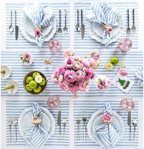 Solino Home 100% Linen Table Runner, 14 x 90 in, Sky Blue and White Striped - Image 3