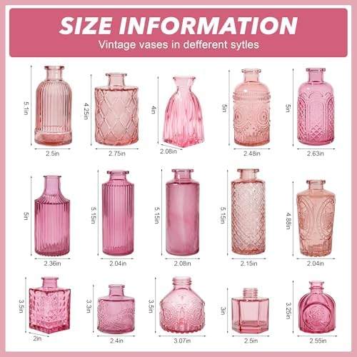 Colored Glass Vases Bulk 32 Pcs - Assorted Vintage Bud Vases for Wedding Centerpieces, Rustic Embossed Glass Bottles for Table Decor, Home Floral Arrangements with Pink Series (2-6 Inch) - Image 3