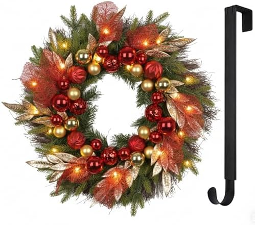 26” Christmas Wreath with Lights Hanger for Front Door Golden Red Balls Gilded Forest Foliage Artificial Evergreen Fir Winter Outdoor Décor Indoor Wall Decorations - Image 5