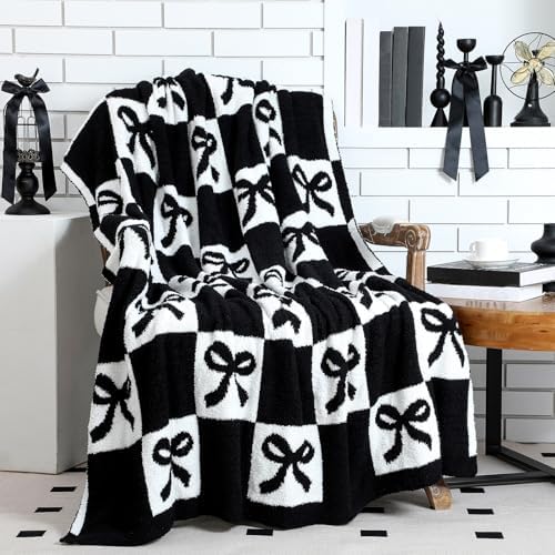 Buryeah Bow Knit Throw Blanket, Black and White, 50 x 60 Inch - Image 2