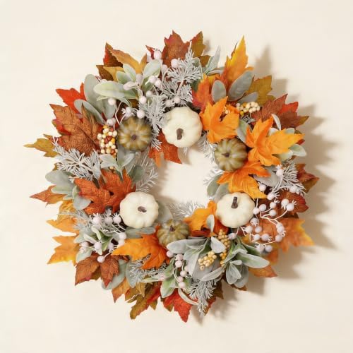 Artificial Fall Wreath 22 Inch Fall Wreaths for Front Door with White Pumpkins Oeange Maple Leaves Lamb's Ear and Berries Autumn Wreath Thanksgiving Harvest Wreath for Festival Wall Porch - Image 7