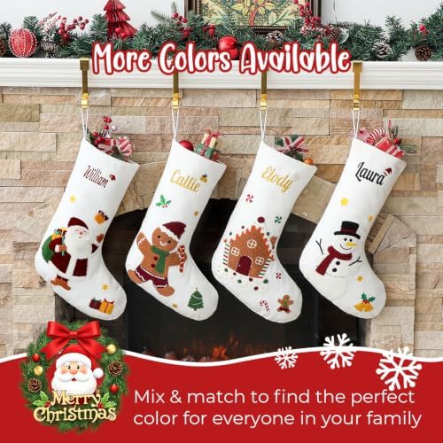Personalized Christmas Stockings with Embroidered Name,White Canvas Stockings with Chenille Embroidered Santa Claus,Snowman or Gingerbread Man Pattern for Family & Holiday Decor(4 Pack) - Image 7