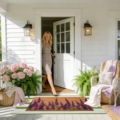 2 PCS Lavender Floral Welcome Door Mat Set, 17"x30" Coir Doormat with Non-Slip Backing & Green White Striped Mat, Farmhouse Spring Doormat for Front Porch, Patio, Entryway Spring Home Decor - Image 3