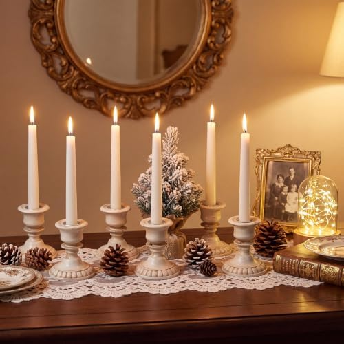Mumufy 6 Pcs Pillar Candle Holders, Vintage Resin Candle Stands, Farmhouse Retro Table Centerpiece Candles Holders for French Country Decoration Home Wedding Party Living Room (Distressed White) - Image 4