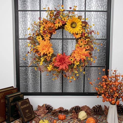JINGHONG Fall Wreaths for Front Door 20 Inch Artificial Fall Wreath Autumn Flower Wreath with Sunflower Daisy Dahlia Pumpkin for Indoor Outdoor Window Wall Porch Harvest and Thanksgiving Celebration - Image 2