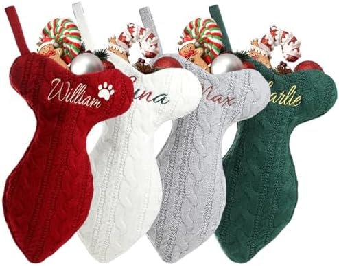 Personalized Cat Christmas Stockings - Custom Embroidered Pet Name & Fish Shape Stocking for Cat, 15.3” Large Knit Monogram Xmas Stockings for Fireplace Holiday Decor Gift(6 Pack) by Infiher
