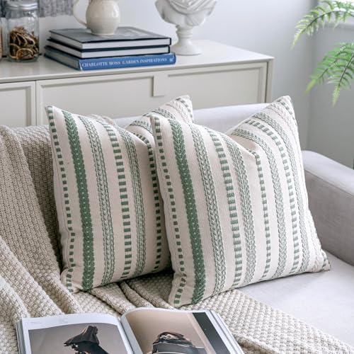 Cethom Sage Green Boho Throw Pillow Covers 22x22 Inch Set of 2, Stripe Textured Decorative Couch Pillow Cases for Bed, Sofa, Living Room, Bedroom, Farmhouse Home Accent Cushion Covers - Image 2