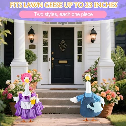 Abbylike 2 Set Spring Porch Goose Outfits Gardener Goose Clothes Purple and Blue for 23" Cement Plastic Geese with Flower Pot and Watering Can Summer Duck Costume for Patio Lawn Outdoor Patio Decor - Image 2