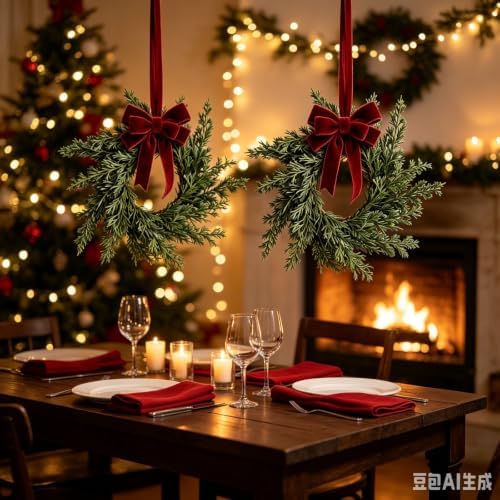 6 Pcs Small 4th of July Hanging Wreaths for Cabinets Patriotic Mini Candle Ring Wreath with Red White Blue Flowers (6, Winter Greenery Cedar Burgundy Bow) - Image 7