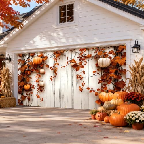 Thanksgiving Garage Door Banner 157.5x70.9in Autumn Pumpkin Vine Backdrop 2D Printed Farmhouse Fall Outdoor Garage Cover with Rope 10 Grommets for Home Yard Decor - Image 3