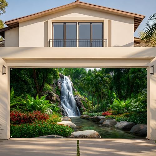 Waterfalls Garage Door Cover Banner, 6x13 ft Forest Scenery with River Landscape, Large Indoor/Outdoor Wall Decoration (Green Scenic Waterfall) by KKYEJLQYI