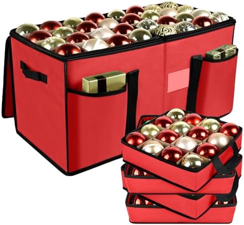 Christmas Ornament Storage Box with Dividers, Holds 128 Balls, Red by SPRKLINLIN