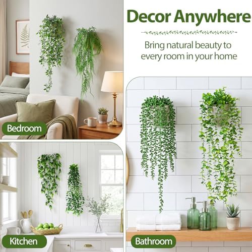 Daifunli 18 Pcs Artificial Hanging Plants Fake Hanging Ferns Plastic Fake Plant for Wall Room Garden Garland Indoor Outdoor Decor No Basket (Eucalyptu,Mandala,Boston,String of Pearl,Podocarpu,Pothos) - Image 6