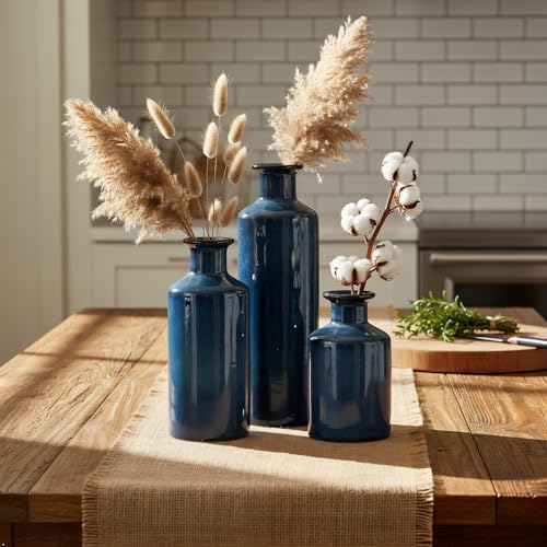 Mowtanco Blue Ceramic Vases Home Decor, 3 Small Modern Farmhouse Vases - Image 3