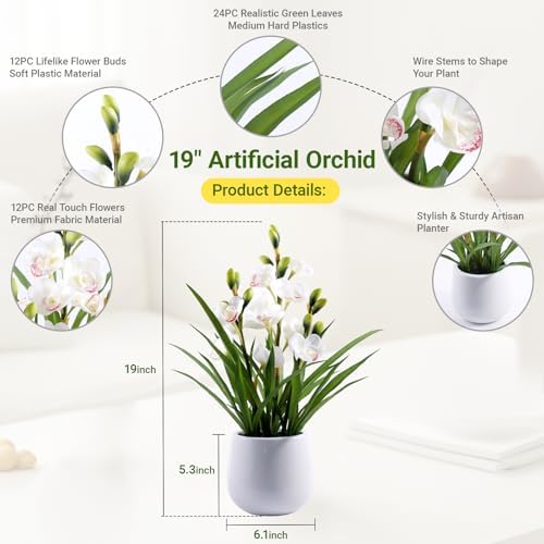 Fake Orchid Plant 19" Tall, Realistic Touch Leaves, Potted Cymbidium Artificial Plants Indoor for Home Decor Small Office Home Living Room-White - Image 2