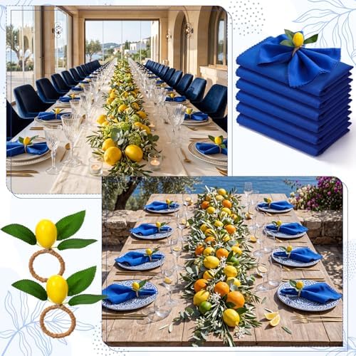 Preboun 24 Pcs Royal Blue Cloth Napkins with Lemon Napkin Rings - Image 5