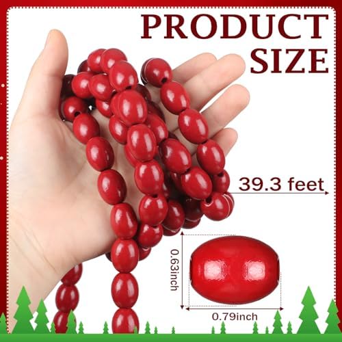Fairysandy 39.3 ft Christmas Wood Bead Garland Cranberry Red Wooden Beads - Image 3