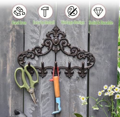 Sungmor Cast Iron Rustic Coat Hook Hanger with 5 Hooks - Practical Iron Storage Organizer/Wall Hooks Hanging Rack - Pretty Pattern Charming Wall Decor for Keys Clothes Hats - Image 5