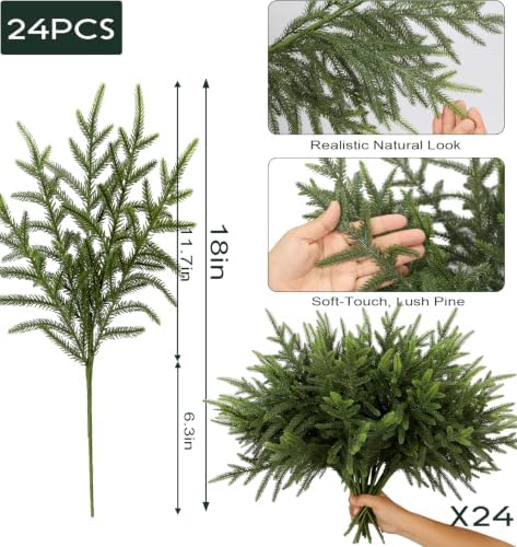24Pcs 18" Christmas Norfolk Pine Stems, Soft Touch Branches Greenery Picks - Image 4