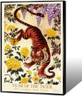 Chinese Lunar Year of the Tiger Art Print – Traditional Oriental Wall Decor with Yellow Peony & Wisteria for Dynamic Aesthetic Home Decoration 20X30 in Black Framed by Unknown