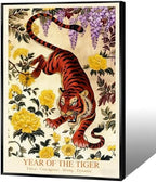 Chinese Lunar Year of the Tiger Art Print – Traditional Oriental Wall Decor with Yellow Peony & Wisteria for Dynamic Aesthetic Home Decoration 24X36 in Wrapped Framed by Unknown