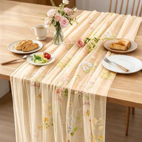 BINBE 6pcs Champagne Florals Table Runner Embroidery Gauze 10FT Daisy Seasonal Tulle Birthday Wedding Holiday Kitchen Dining Table Decor for Home Party - Image 4