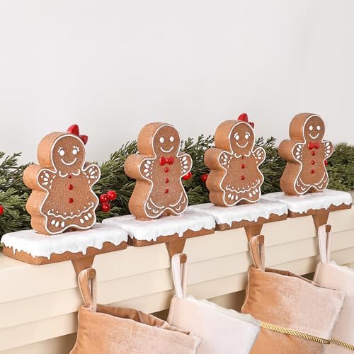 Christmas Stocking Holders for Mantle: Resin Gingerbread Man Stocking Holder Stand Set of 4, Resin Stocking Hangers Decorative Hooks for Xmas Home Decor, Mantle Fireplace Window Accessories by Pawliss
