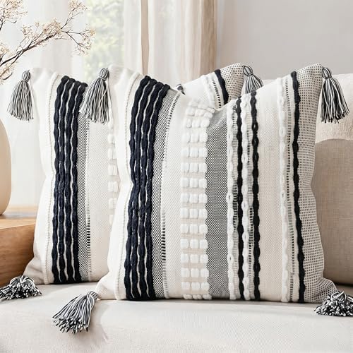 NUYECY Boho Throw Pillow Covers 18x18 Aesthetic Neutral Boucle Couch Pillow Cover Rainbow Striped Decorative Accent Pillow Case for Couch Bed Sofa Farmhouse,Modern Funky,Set of 2 Black and White - Image 4