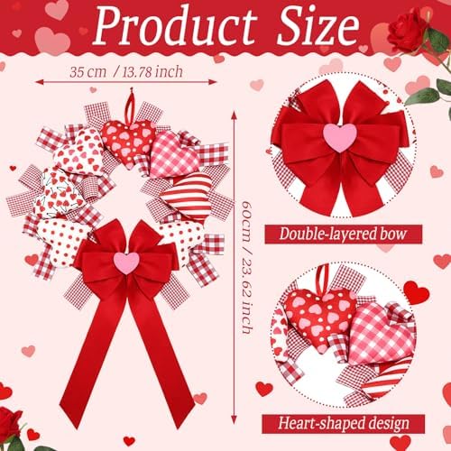 Suncalla Valentine's Day Wreath 14'' Love Heart Wreath with 3D Heart Ornaments for Front Door 24'' Long Window Porch Home Wedding Festival Celebration Wall Decorations(Bow) - Image 2