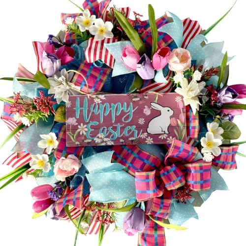 22 Inch Easter Bunny Wreath for Front Door, Spring Easter Bunny Wreath with Pink Tulip and Flowers for Indoor Outdoor, Easter Ribbon Wreaths for Home Decor by Egolot