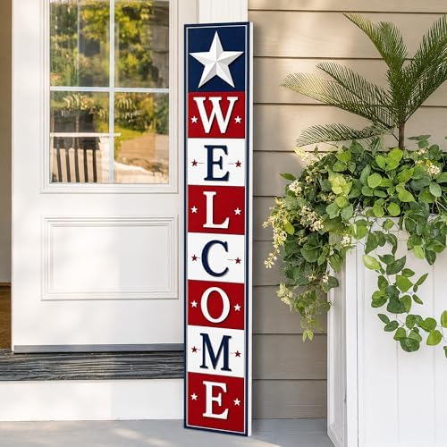 48x8" 4th of July Welcome Porch Sign, Patriotic Porch Decor for Independence Day, Standing Welcome Sign for Front Door, PVC, Design 7 by BasicFundamentals