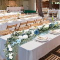 Dusty Blue Flowers Wedding Table Decor - Table Runner & Arch Backdrop with Eucalyptus & Blue Floral Garland by RoahosyWeddingDecor