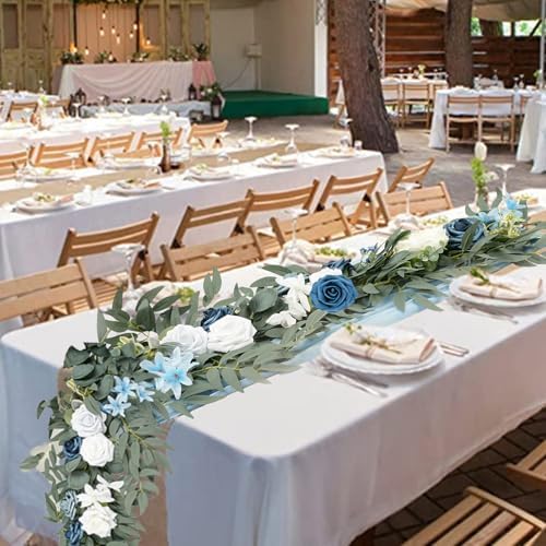 Dusty Blue Flowers Wedding Table Decor - Table Runner & Arch Backdrop with Eucalyptus & Blue Floral Garland by RoahosyWeddingDecor