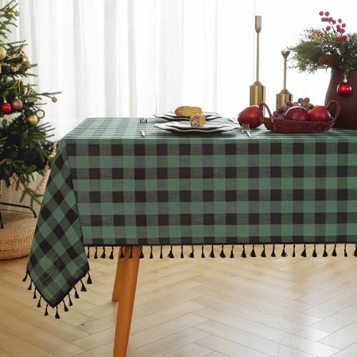 JIALE Gingham Tablecloth Rectangle Cotton Linen Fabric Checkered Table Cloth with Tassel Washable Wrinkle Free Buffalo Plaid Table Cover for Christmas, Party Kitchen Dining, Green and Black, 55x90 - Image 4