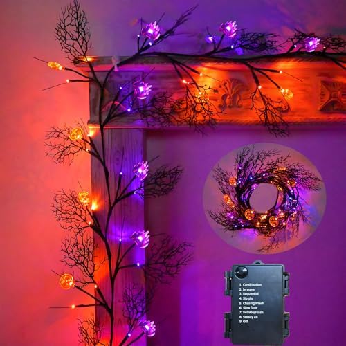 2026 Halloween Garland with Lights 8.86FT 72LED Willow Vine Twig with Timer Black Garland Lights with Orange Pumpkins Purple Bats and Black Leaves Dead Branches Halloween Decorations Indoor Outdoor by PALONMY