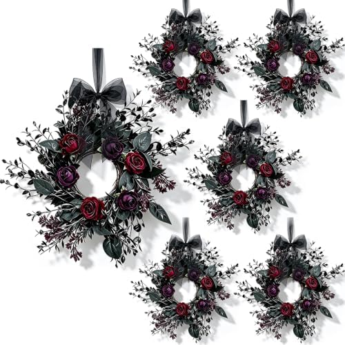 6 Pcs Small Halloween Hanging Wreaths with Burgundy Deep Purple Roses Black Foliage Black Sheer Bow Gothic Mini Cabinet Wreath for Home Table Centerpieces Kitchen Halloween Party Decor by Unknown