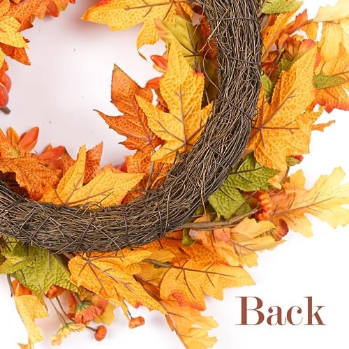 Fall Wreaths for Front Door 22 Inch, Autumn Wreath with Berry Pumpkin, Maple Leaves, Thanksgiving Harvest Festival Decorations Indoor and Outdoor (Orange-Pumpkins) - Image 6