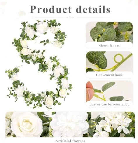 Findosom Total 12.4Ft Artificial Flowers Garlands for Decoration, White - Image 6