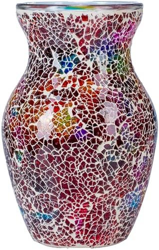8" Deep Red Rainbow Mosaic Vase, Hand-Pasted Colorful Glass Flower Vase, Vibrant Crackle Art Centerpiece for Modern Home, Office & Creative Decor by ZHIPINHUI