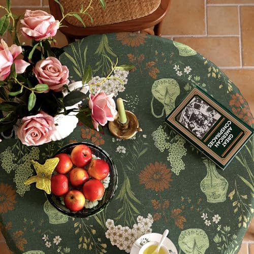ISAENNE Designer Vintage Green Round Tablecloth,Diameter 67" - Image 4